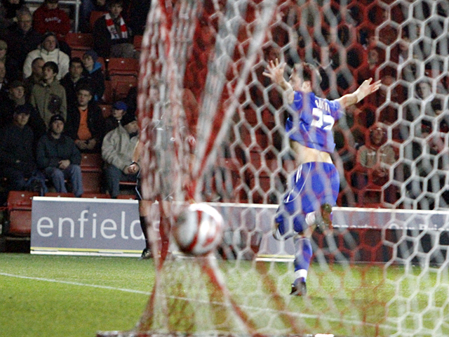 Austin celebrates his winning goal at Southampton